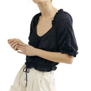 Free People Dorothy Striped Crop Blouse Black Blue Puff Sleeve Peasant Small